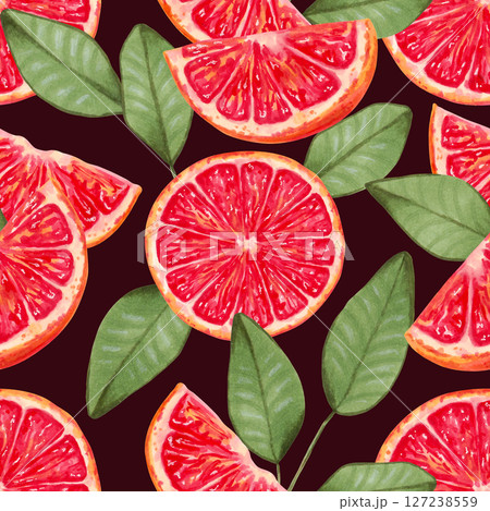 Seamless background of grapefruit slices with leaves. Watercolor and marker illustration. Red citrus fruit pieces. Hand drawn isolated art. Wallpaper eco product for fabric, textile, wrapper 127238559