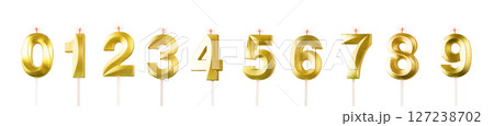 Candle set for anniversary celebration. Golden wax candles with numbers 0, 1 to 9, perfect for 127238702