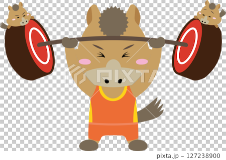 ミニ馬をのせたバーベルを持ち上げる午年キャラのユニークイラスト 127238900
