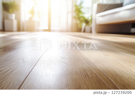 Wood floor. Light wooden flooring closeup. Shiny new hardwood floor. House renovation, changing floor to parquet. Beautiful golden hands craped oiled oak brushed for texture grain. Empty living room 127239200