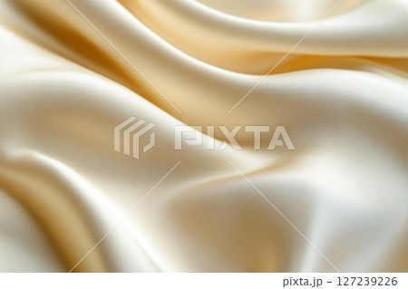 Golden white silk background. Light pale tender beige satin fabric. Elegant luxury abstract backdrop for design. Color gradient. Curtain. Drapery. Soft folds. Gentle. Template. Baby birthday, newborn 127239226