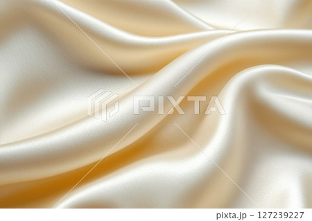 Golden white silk background. Light pale tender beige satin fabric. Elegant luxury abstract backdrop for design. Color gradient. Curtain. Drapery. Soft folds. Gentle. Template. Baby birthday, newborn 127239227