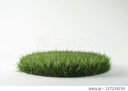 Green grass circle podium isolate on a white background. Empty round pedestal for market offerings. Nature scene, product display. Beauty cosmetic perfume gift stand. Eco-friendly Backdrop, mockup. 127239230
