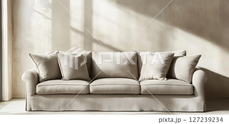 Grey sofa on beige wall background. Modern simple fabric sofa and pillows. Furniture for the modern interior, minimalist design. Fashionable stylish cream couch. Object. Scandinavian living room 127239234