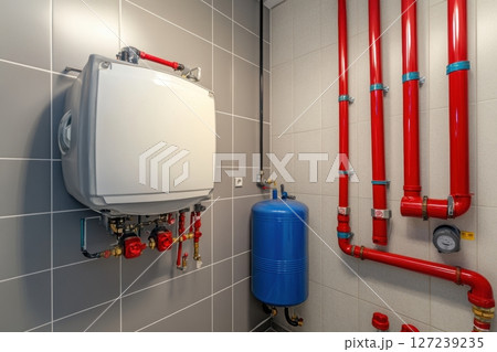 House heating system equipment. Pipelines. Basement mechanical room with condensing water heater, storage tank, plumbing systems. Plumbing service. Pipeline in boiler room. Pipes. Wall installation. 127239235