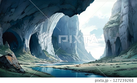 ゲーム背景　巨大な洞窟がある古代遺跡風景 127239268