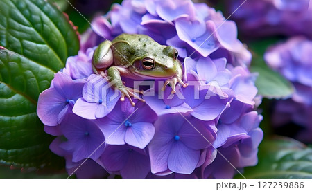 紫色の紫陽花に佇むアマガエル/梅雨2 127239886