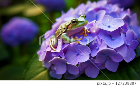 紫色の紫陽花に佇むアマガエル/梅雨1 紫色の紫陽花に佇むアマガエル/梅雨1 127239887