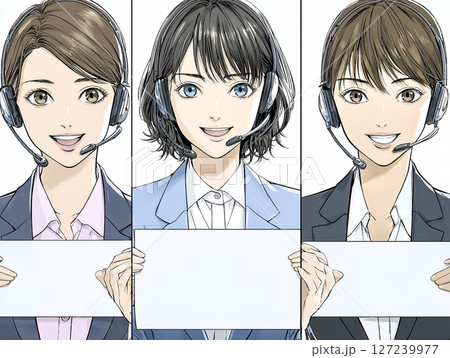 オフィスでヘッドセットをつけて仕事をする女性のイラスト素材 オフィスでヘッドセットをつけて仕事をする女性のイラスト素材 127239977