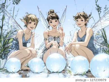 光の玉を見つめるピクシー妖精三姉妹のイラスト素材 127239979