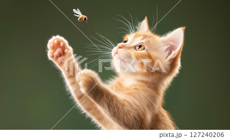 Playful ginger kitten trying to catch an insect on green background Playful ginger kitten trying to catch an insect on green background 127240206
