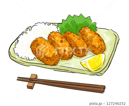 皿に盛り付けたカキフライ、牡蠣フライのイラスト素材 127240252