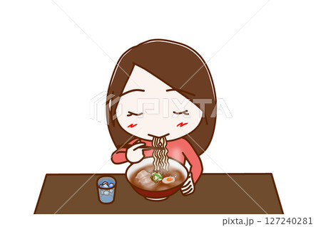 （上半身正面）熱々のラーメンを美味しそうに食べている女性 127240281
