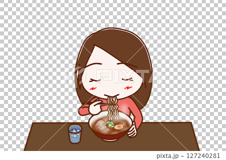 （上半身正面）熱々のラーメンを美味しそうに食べている女性 127240281