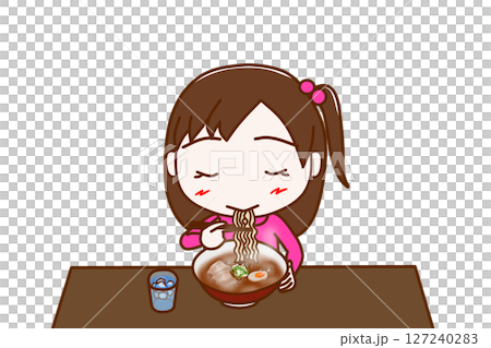(前上半身)女孩津津有味地吃著熱拉麵 (前上半身)女孩津津有味地吃著熱拉麵 127240283