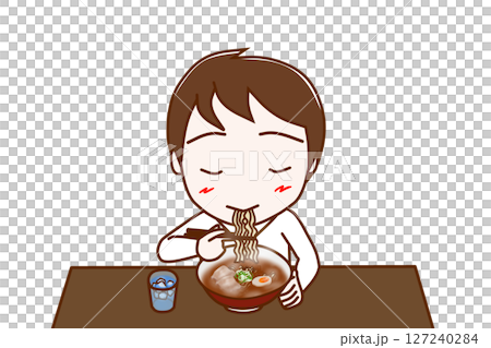 （上半身正面）熱々のラーメンを美味しそうに食べている男性 127240284