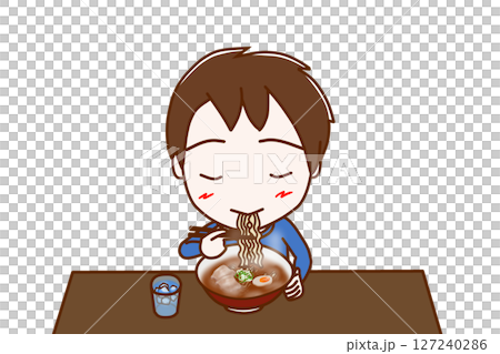 （上半身正面）男孩正津津有味地吃著熱騰騰的拉麵 127240286