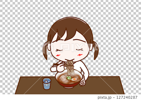（上半身正面）熱々のラーメンを美味しそうに食べている女子学生 127240287