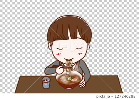 (上半身正面)熱々のラーメンを美味しそうに食べている男子学生 (上半身正面)熱々のラーメンを美味しそうに食べている男子学生 127240288