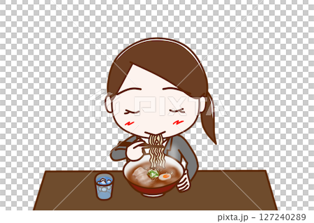(上半身正面照)一位身著西裝的女子正津津有味地吃著熱騰騰的拉麵 (上半身正面照)一位身著西裝的女子正津津有味地吃著熱騰騰的拉麵 127240289