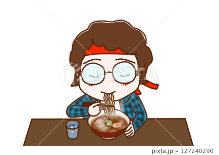 （上半身正面）熱々のラーメンを美味しそうに食べているメガネをかけたオタク 127240290