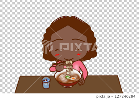 (上半身正面)熱々のラーメンを美味しそうに食べているアフリカ系女性 (上半身正面)熱々のラーメンを美味しそうに食べているアフリカ系女性 127240294