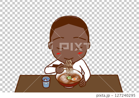 （上半身正面）熱々のラーメンを美味しそうに食べているアフリカ系男性 127240295