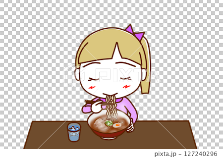 (上半身正面)熱々のラーメンを美味しそうに食べている白人少女 (上半身正面)熱々のラーメンを美味しそうに食べている白人少女 127240296