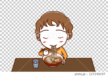 （上半身正面）熱々のラーメンを美味しそうに食べている白人少年 127240297