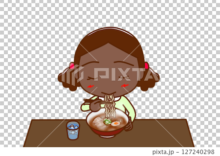(上半身正面)熱々のラーメンを美味しそうに食べているアフリカ系少女 (上半身正面)熱々のラーメンを美味しそうに食べているアフリカ系少女 127240298