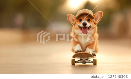 Funny corgi dog wearing cap riding a skateboardのイラスト素材