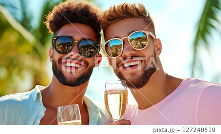 Two handsome men wearing sunglasses smiling and drinking champagne at beach party 127240519