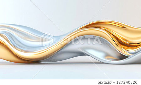 Abstract silver and gold metallic waves flowing on a white background, creating a luxurious and elegant design 127240520