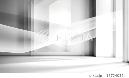Light beams are crossing an empty room with white abstract architecture 127240524