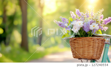 Wicker bicycle basket overflowing with colorful flowers, enjoying a sunny day in a tranquil park 127240554