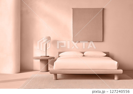 This stylish bedroom features mocha bedding and simple furnishings for comfort. Modern trendy tone hue shade 127240556