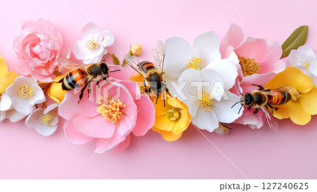 Three honey bees pollinating colorful flowers arranged on a pink background Three honey bees pollinating colorful flowers arranged on a pink background 127240625