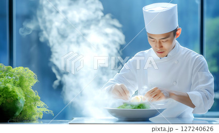 Asian chef garnishing a steaming vegetable dish in a professional kitchen Asian chef garnishing a steaming vegetable dish in a professional kitchen 127240626