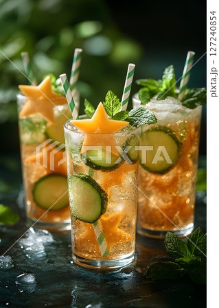 summer drinks with star-shaped ice cubes and striped straws summer drinks with star-shaped ice cubes and striped straws 127240854