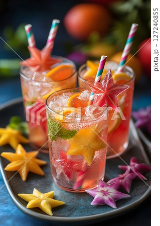 summer drinks with star-shaped ice cubes and striped straws summer drinks with star-shaped ice cubes and striped straws 127240855
