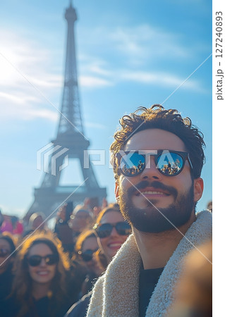 people taking selfies with Eiffel Tower during celebration 127240893