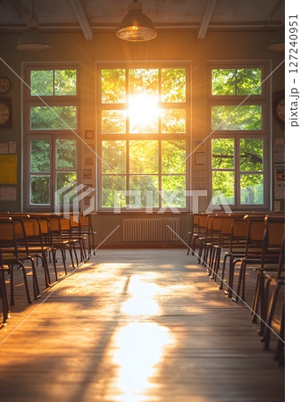 bright classroom interior with desks chairs and sunlight 127240951