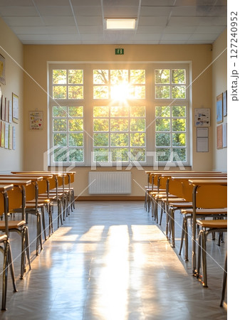 bright classroom interior with desks chairs and sunlight 127240952