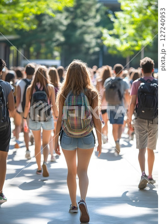 students walking through campus with school bags 127240953