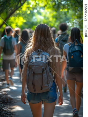 students walking through campus with school bags 127240954