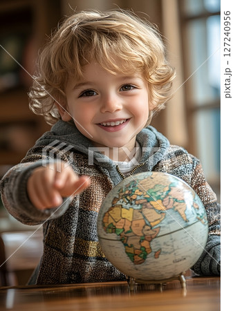 kid pointing to globe during geography lesson 127240956