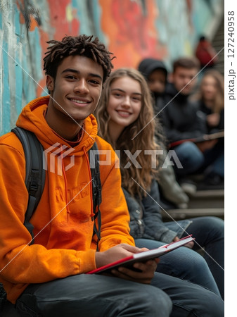 group of students sitting on stairs holding notebooks 127240958