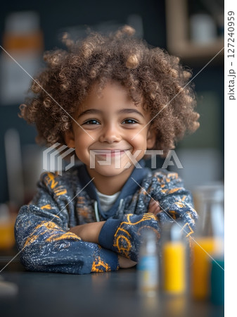 kid smiling while doing science experiment at desk 127240959