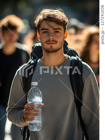 student holding water bottle and walking to class 127241036