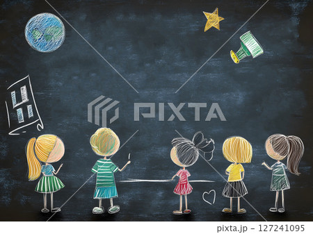 cartoon chalkboard scene with ABC, math symbols, and student doodles 127241095